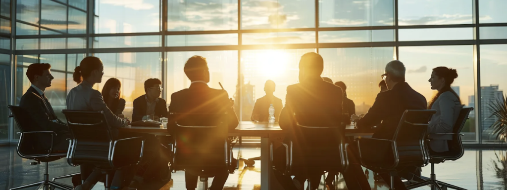 Corporate team in a high-rise boardroom during sunset, highlighting executive strategy meetings powered by the best AI search platforms for data-driven decision-making.